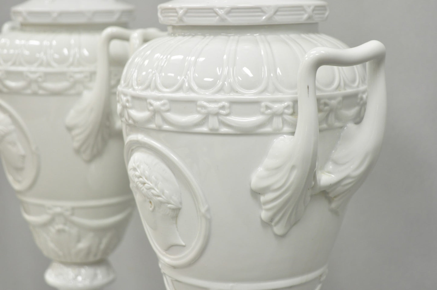 Antique Italian Neoclassical Greco Roman White Porcelain Urn Table Lamps - Pair