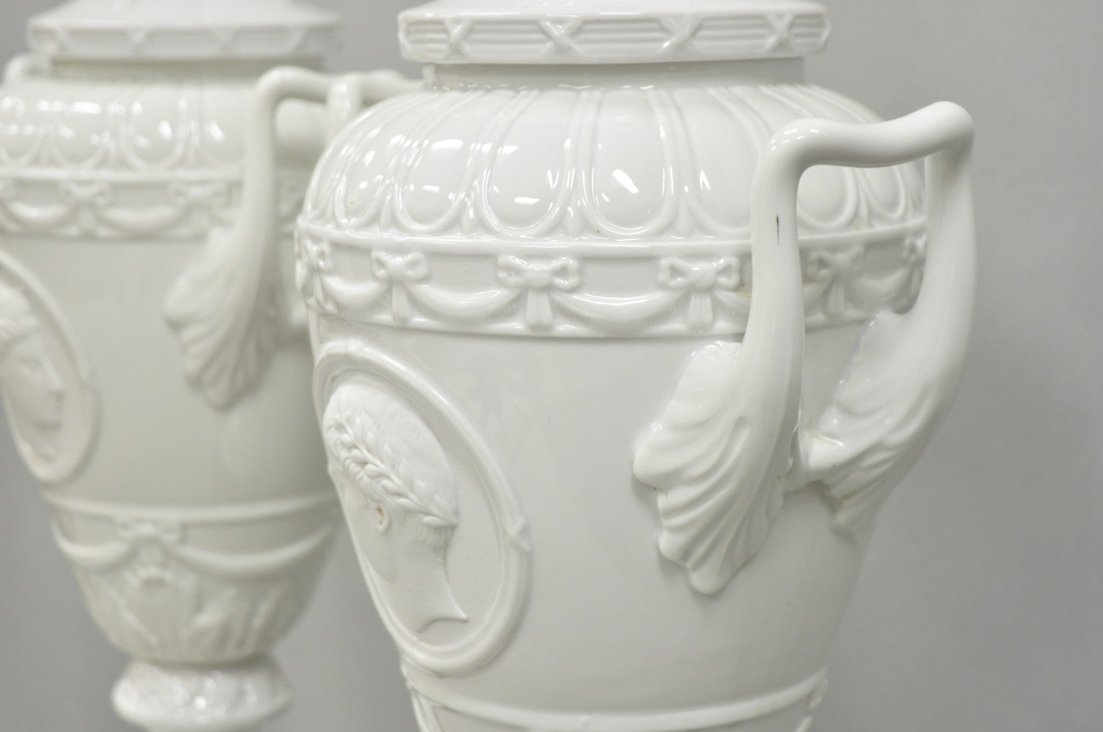Antique Italian Neoclassical Greco Roman White Porcelain Urn Table Lamps - Pair