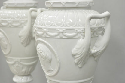 Antique Italian Neoclassical Greco Roman White Porcelain Urn Table Lamps - Pair