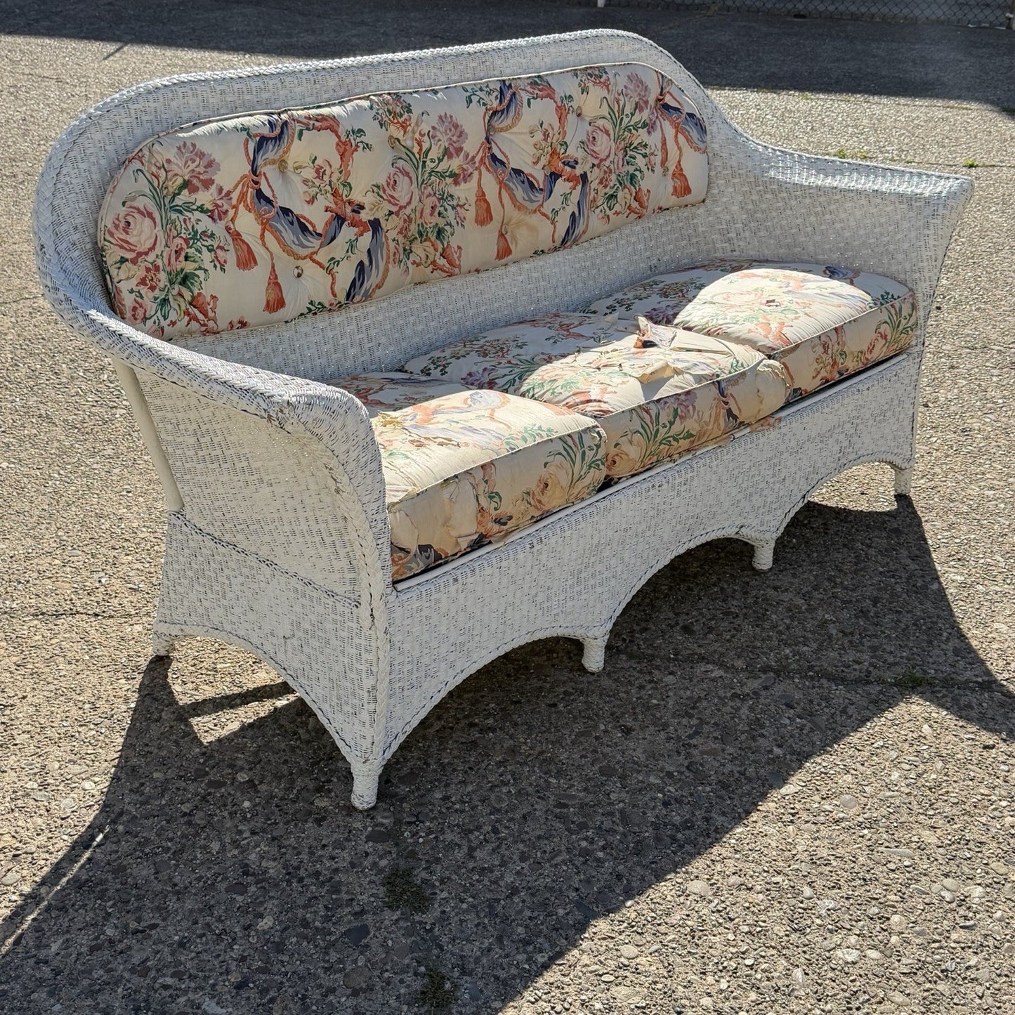 Antique Victorian White Wicker Rattan Sunroom Patio Sofa w/ Loose Cushions