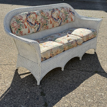 Antique Victorian White Wicker Rattan Sunroom Patio Sofa w/ Loose Cushions
