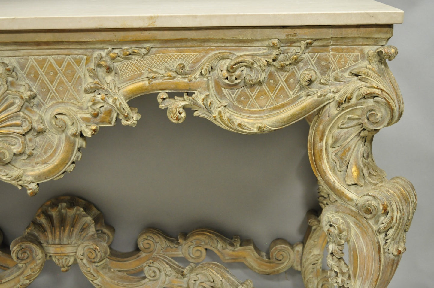 Antique French Louis XV Rococo Style Shell Carved 68" Marble Top Console Table