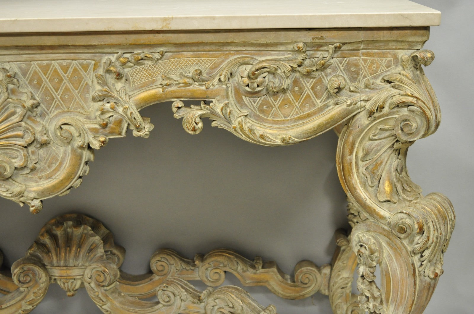 Antique French Louis XV Rococo Style Shell Carved 68" Marble Top Console Table
