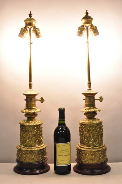 Antique French Neoclassical Figural Brass Repousse Cherub Lion Table Lamp - Pair