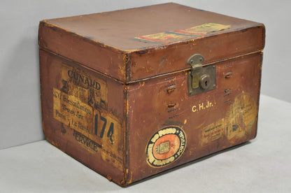 English Art Deco Brown Leather Travel Case Suitcase w/ Cunard Stickers & Top Hat