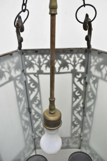 Art Nouveau Slag Glass Hexagonal Gilt Metal Pendant Light Chandelier Fixture