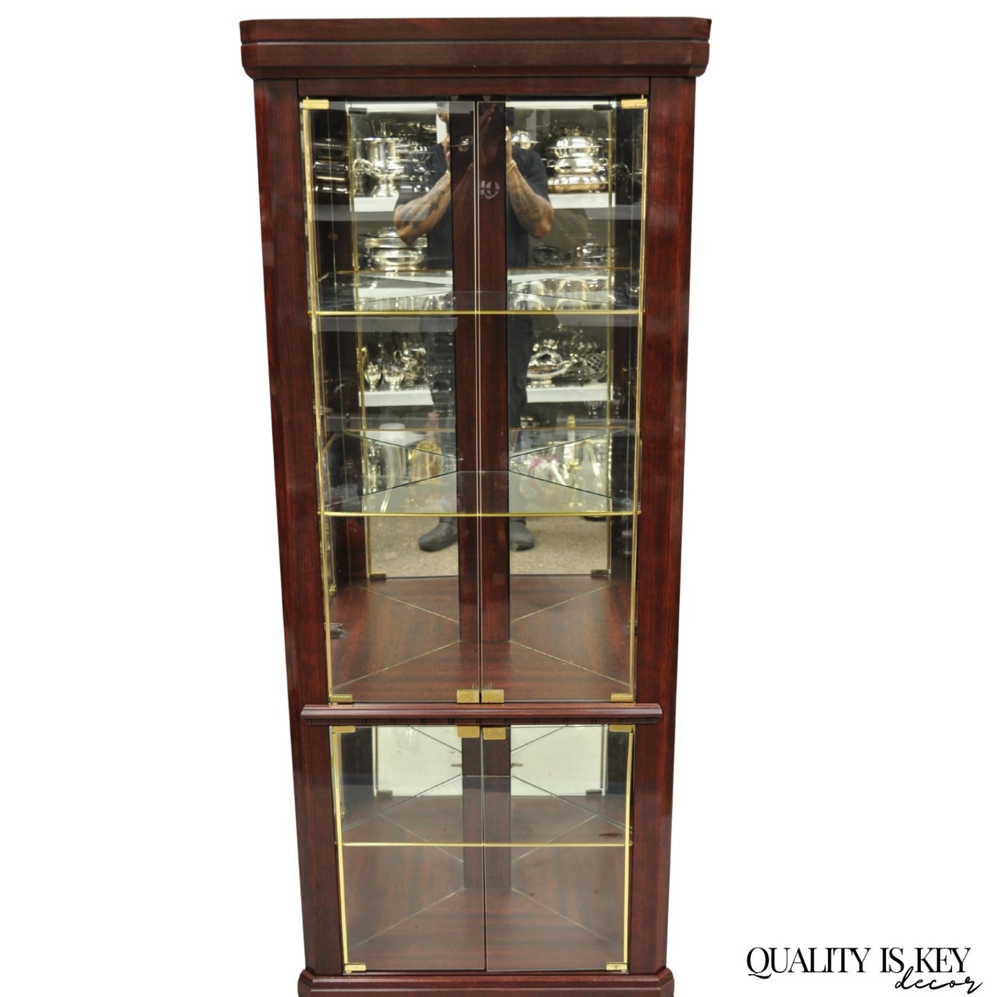 Contemporary Faux Cherry Wood Mirror Glass Corner Curio Display Case Cabinet