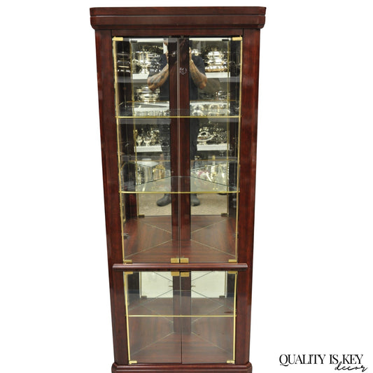 Contemporary Faux Cherry Wood Mirror Glass Corner Curio Display Case Cabinet