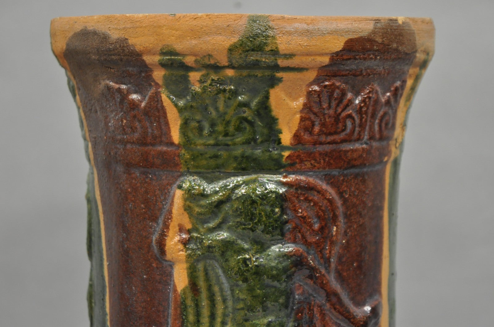 Antique Majolica Terracotta Red Green Drip Glaze Figural Plant Stand Pedestal