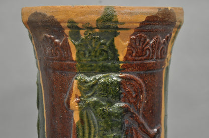 Antique Majolica Terracotta Red Green Drip Glaze Figural Plant Stand Pedestal