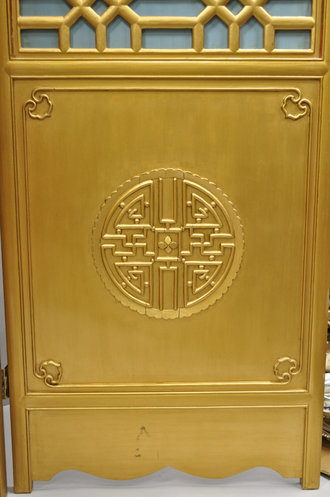 Vintage Chinoiserie Lattice Fretwork 4 Panel Gold Folding Screen Room Divider