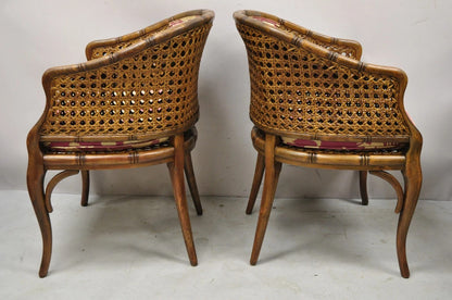 Vintage Hollywood Regency Faux Bamboo Cane Barrel Back Lounge Chairs (A) - Pair