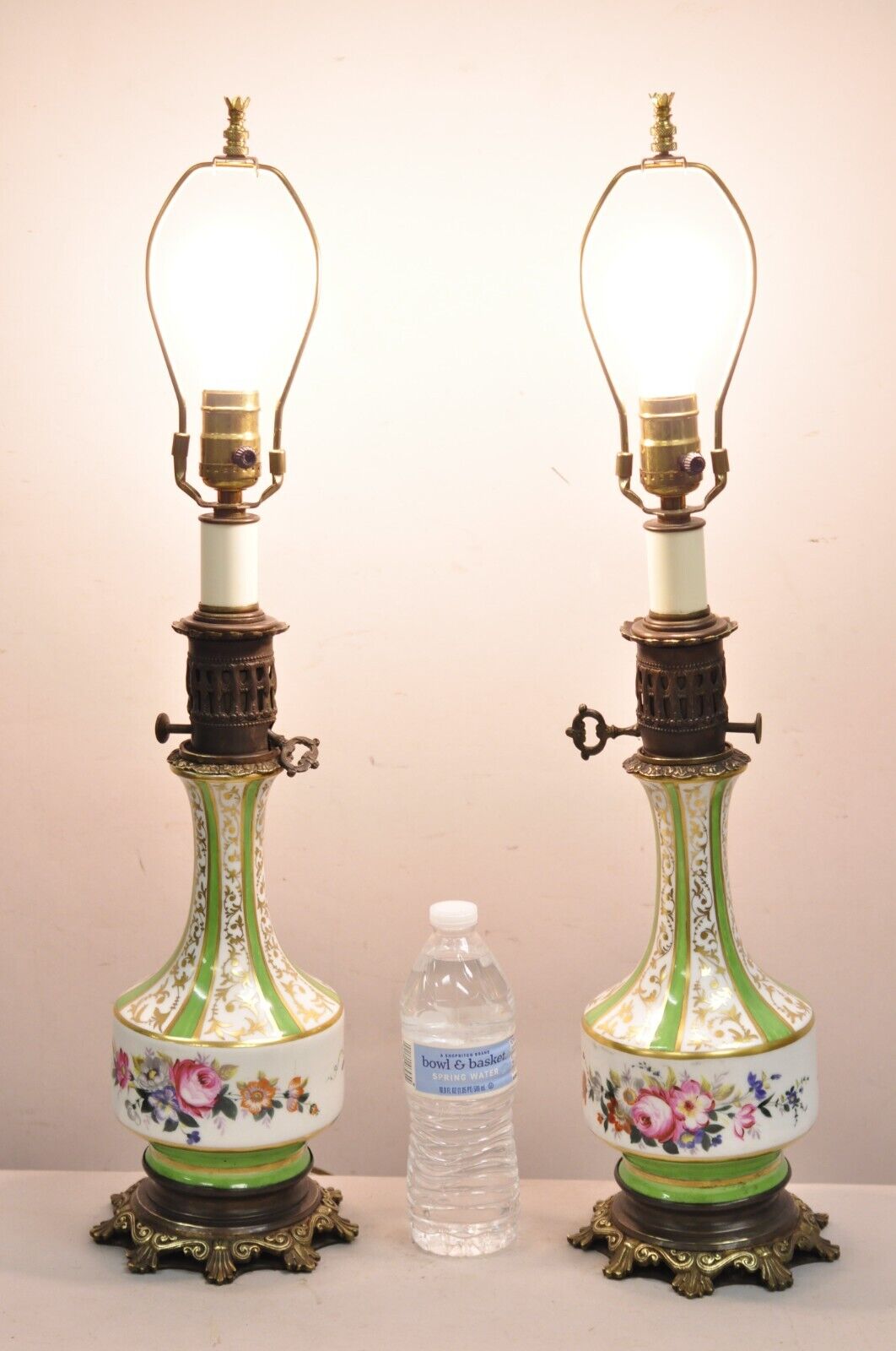 Antique French Victorian Paris Porcelain Green Floral Rose Table Lamps - a Pair