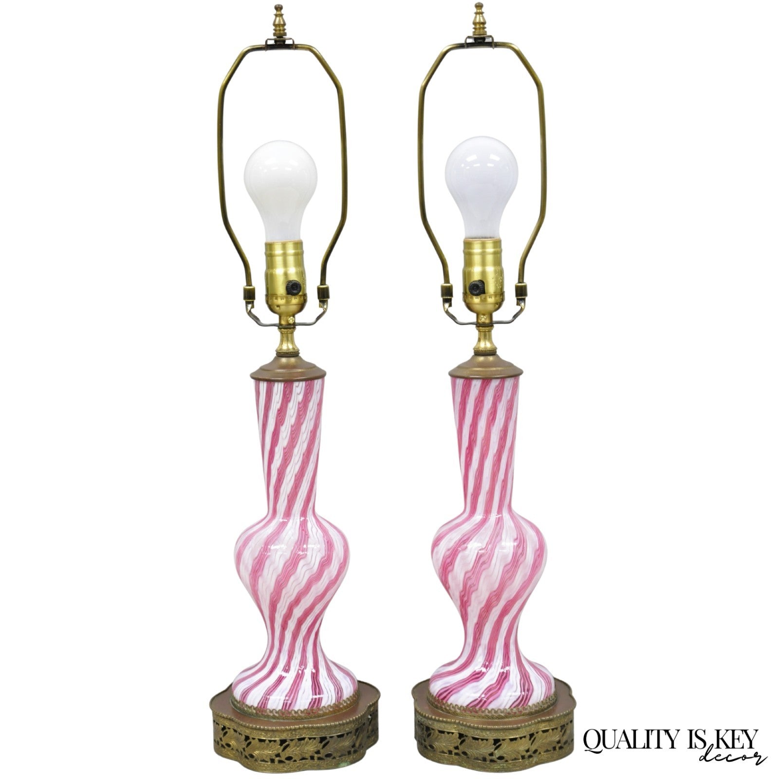Vintage Italian Latticino Murano Pink Ribbon Swirl Glass Small Table Lamp - Pair