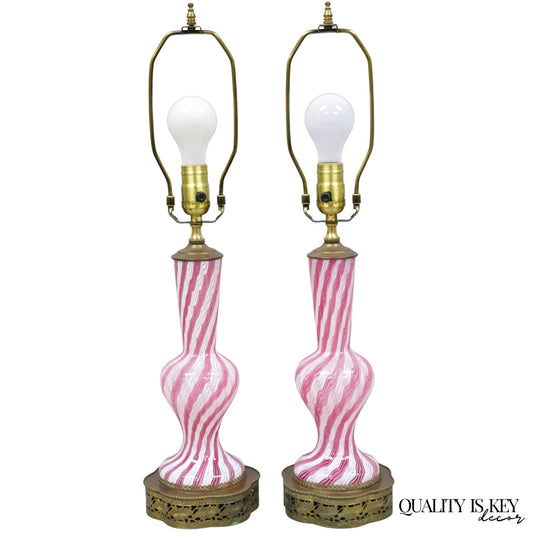 Vintage Italian Latticino Murano Pink Ribbon Swirl Glass Small Table Lamp - Pair