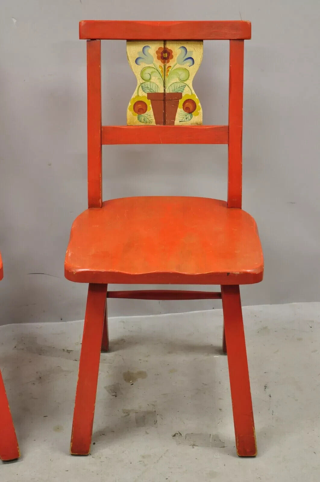 Vintage Colonial Hand Painted Flower Red Wooden Side Chairs by Gimble's - a Pair