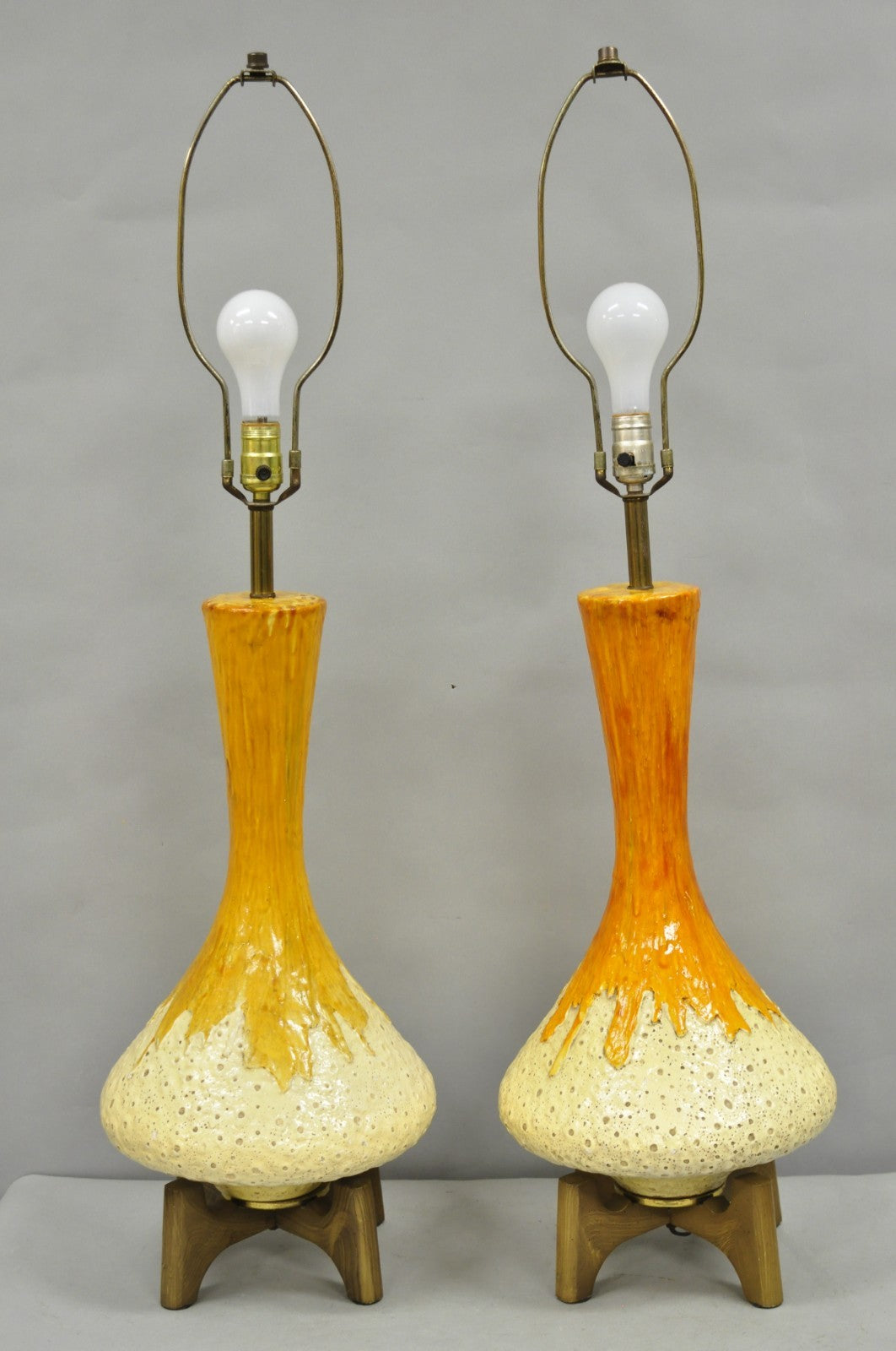 Vintage Mid Century Modern Orange Drip Glazed Ceramic Table Lamps - a Pair