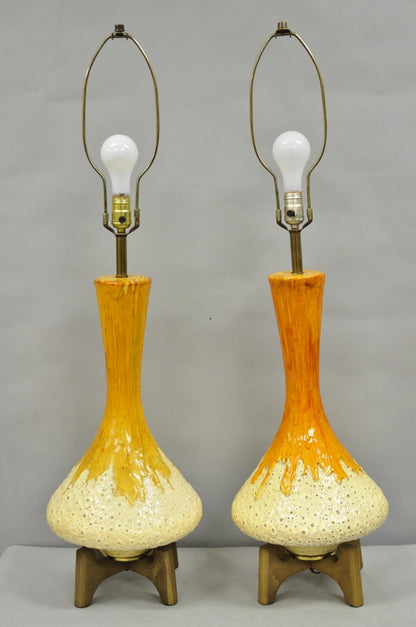 Vintage Mid Century Modern Orange Drip Glazed Ceramic Table Lamps - a Pair
