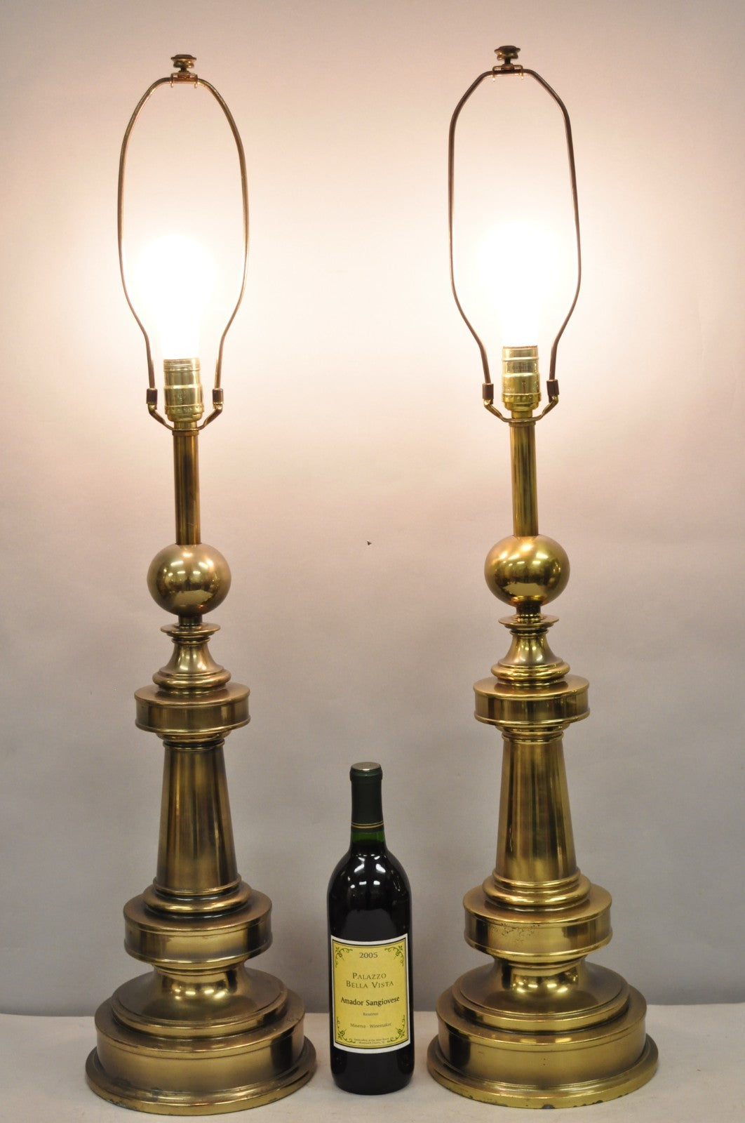 Vintage Stiffel Neoclassical Brass Cannonball Column Table Lamps - a Pair