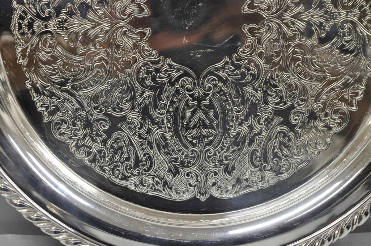 Vintage Oneida Victorian Style 12" Round Silver Plated Serving Platter Bar Tray