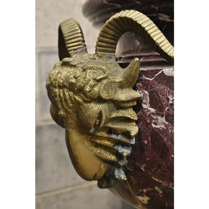 Large French Neoclassical Rouge Marble Bronze Rams Head Urn Planters - a Pair