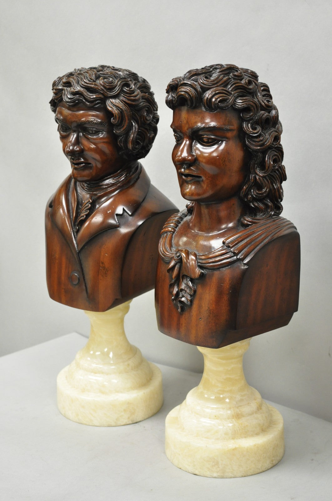 Classical Maitland Smith Style Carved Mahogany Wood Bust on Alabaster - a Pair
