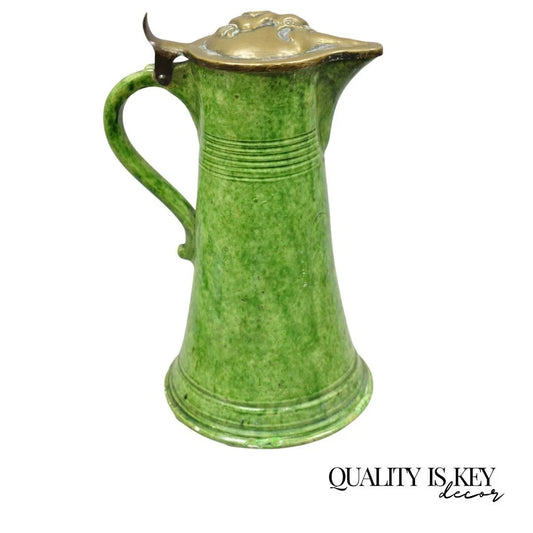 Antique Gothic Renaissance Green Ceramic Pitcher with Brass Soldier Armor Lid
