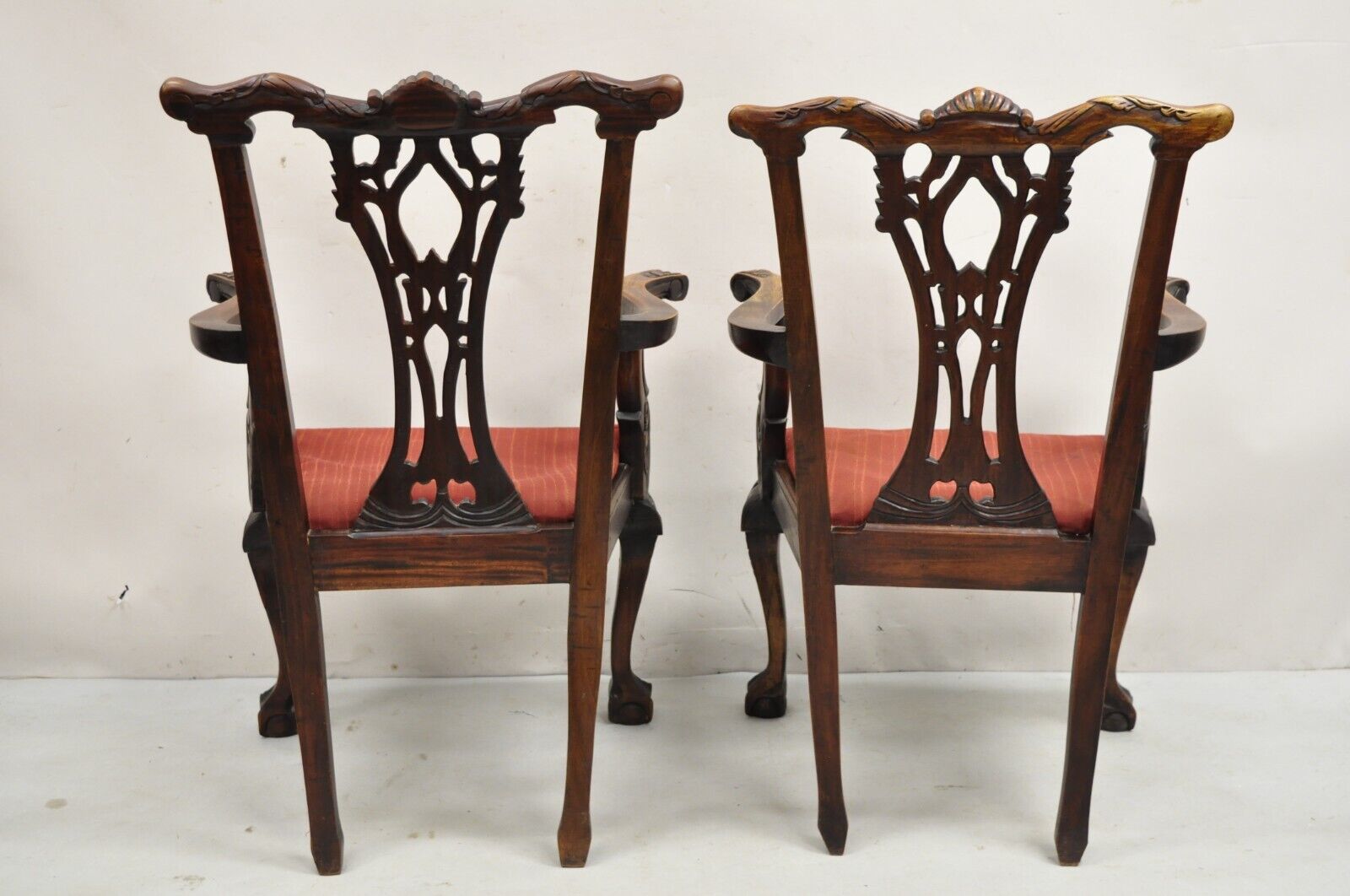 Chippendale Style Mahogany Carved Ball and Claw Dining Arm Chairs - a Pair