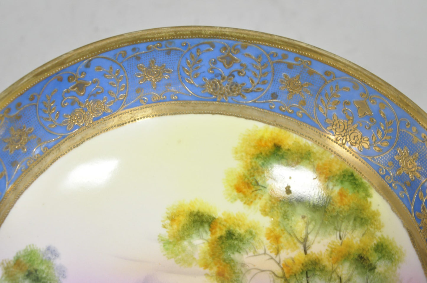 Nippon Hand Painted Porcelain Blue Centerpiece Compote Bowl w/ Cottage & Geese