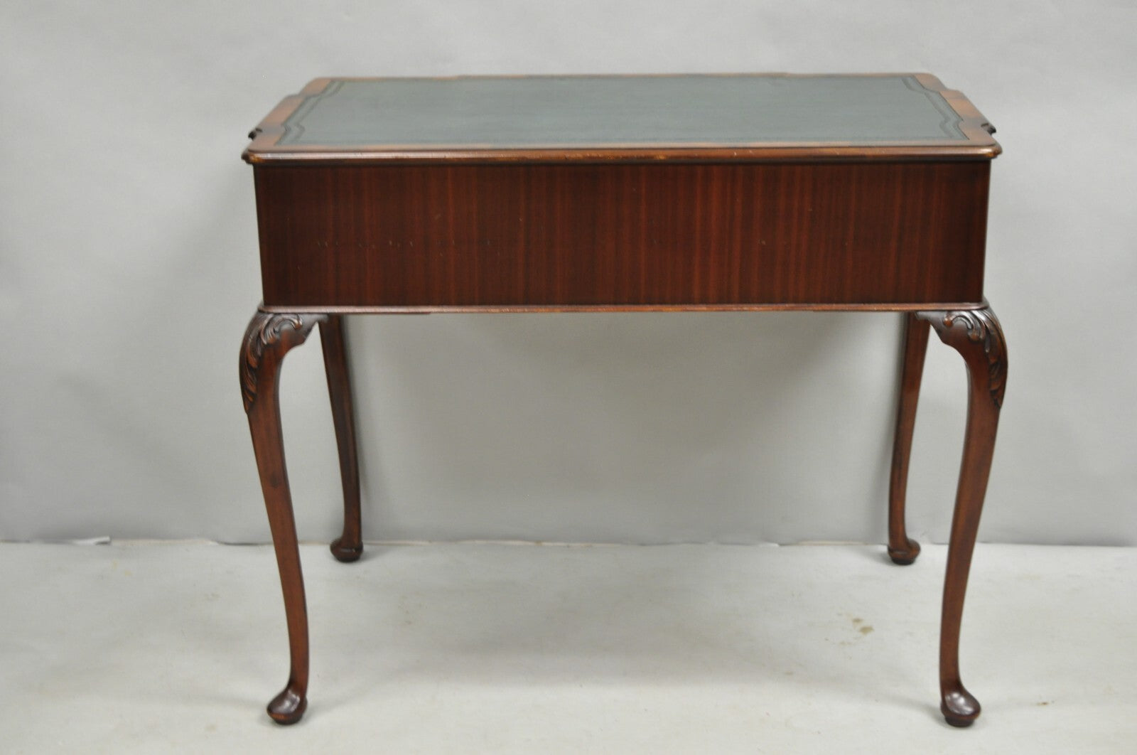 Antique English Georgian Crotch Mahogany Green Leather Top Small Writing Desk