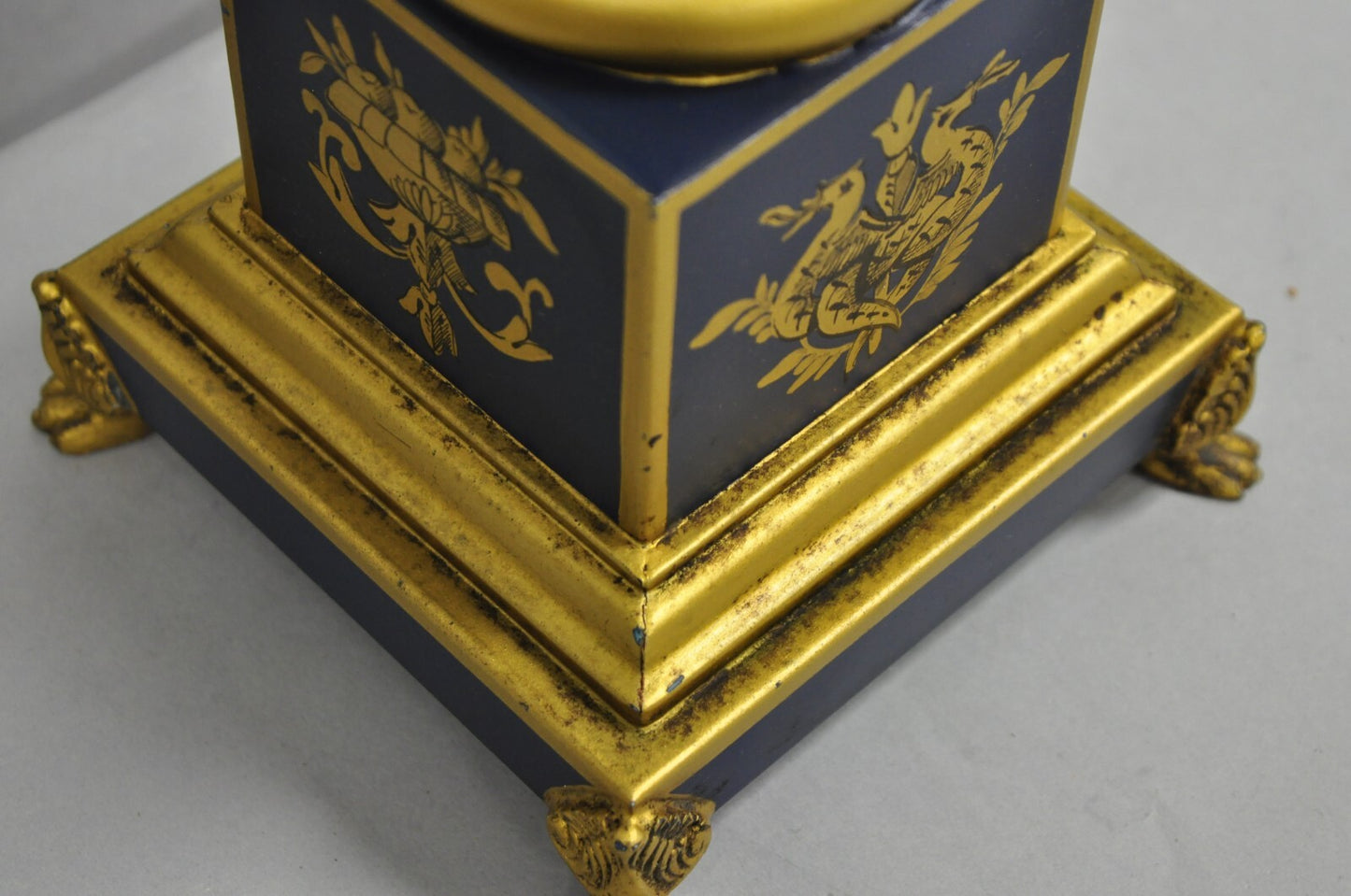 Vintage French Empire Blue Tole Metal Gold Swan Painted Urn Form Table Lamp