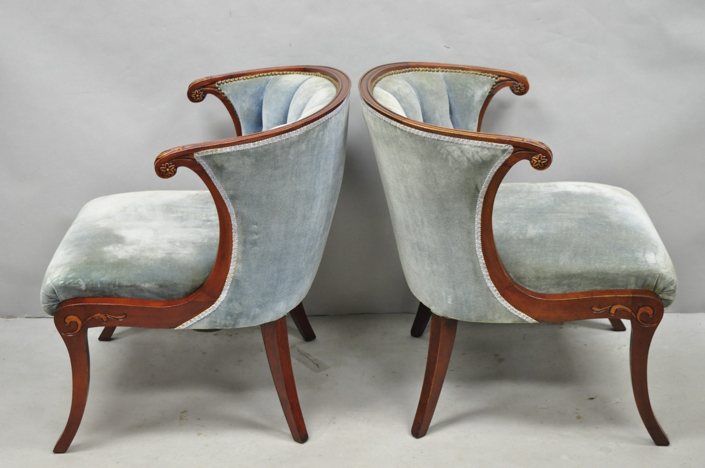 Vintage French Hollywood Regency Mahogany Saber Leg Parlor Lounge Chair - a Pair