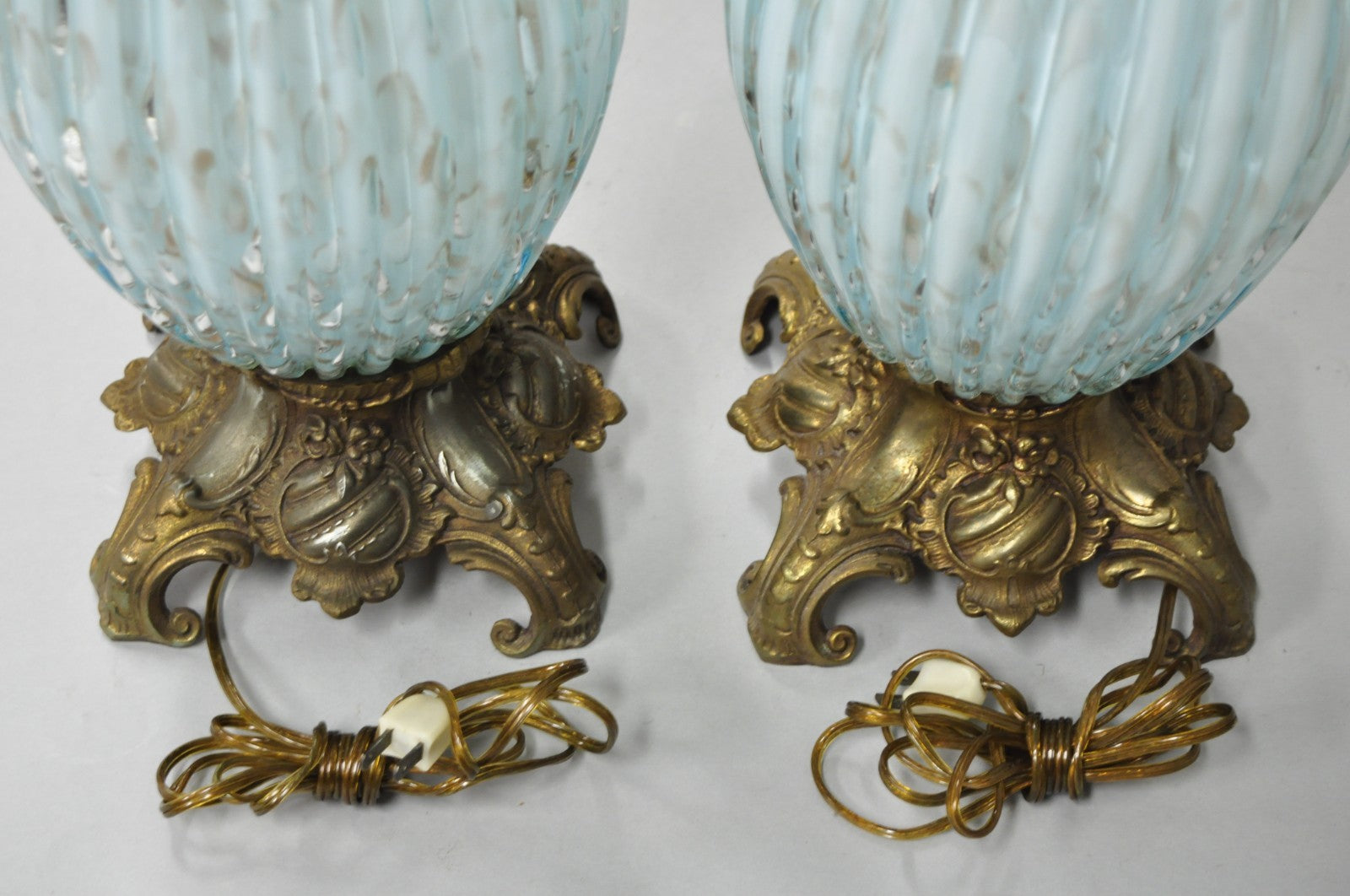 Vintage Mid Century Modern Blue Italian Murano Glass Gold Bubble Table Lamp Pair