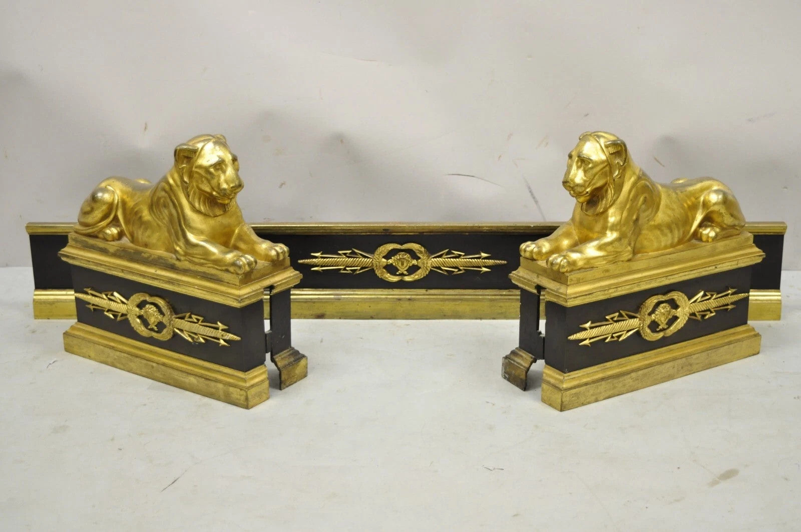Antique French Empire Neoclassical Bronze Lion Andirons Chenet Fireplace Fender