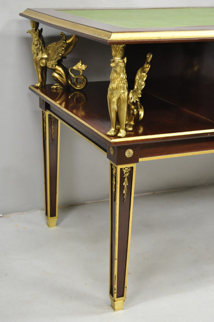 French Empire Revival Green Leather Top Bronze Griffin Mahogany Desk & Chair