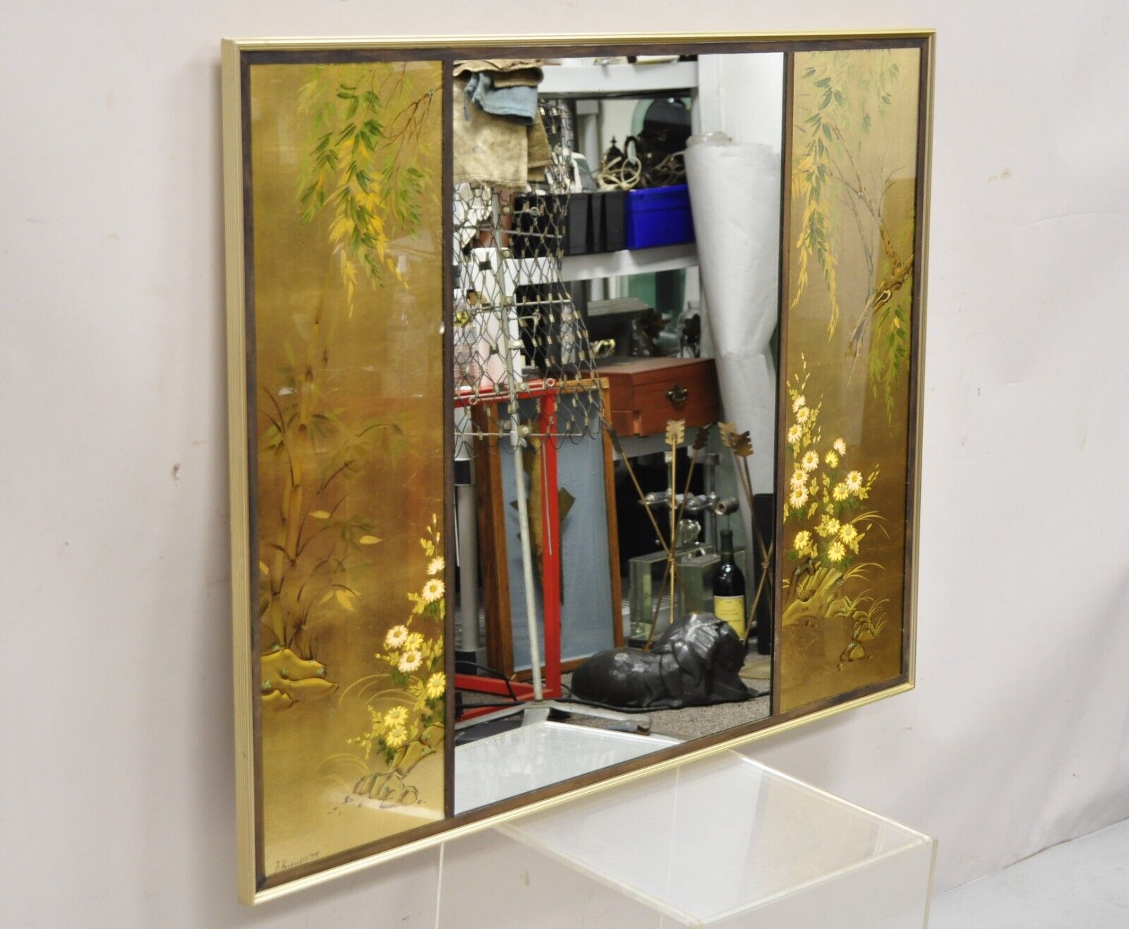 Vintage LaBarge Chinoiserie Floral Gold Gilt Decorated Rectangular Wall Mirror