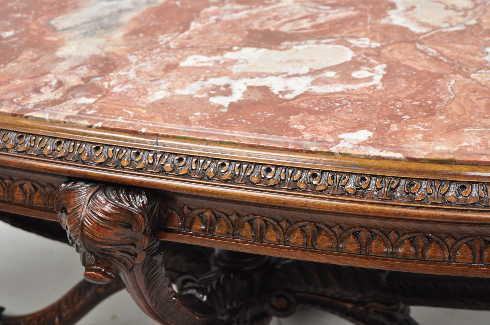 Antique Grosfeld House French Regency Plume Carved Mahogany Marble Coffee Table