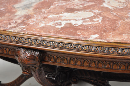 Antique Grosfeld House French Regency Plume Carved Mahogany Marble Coffee Table
