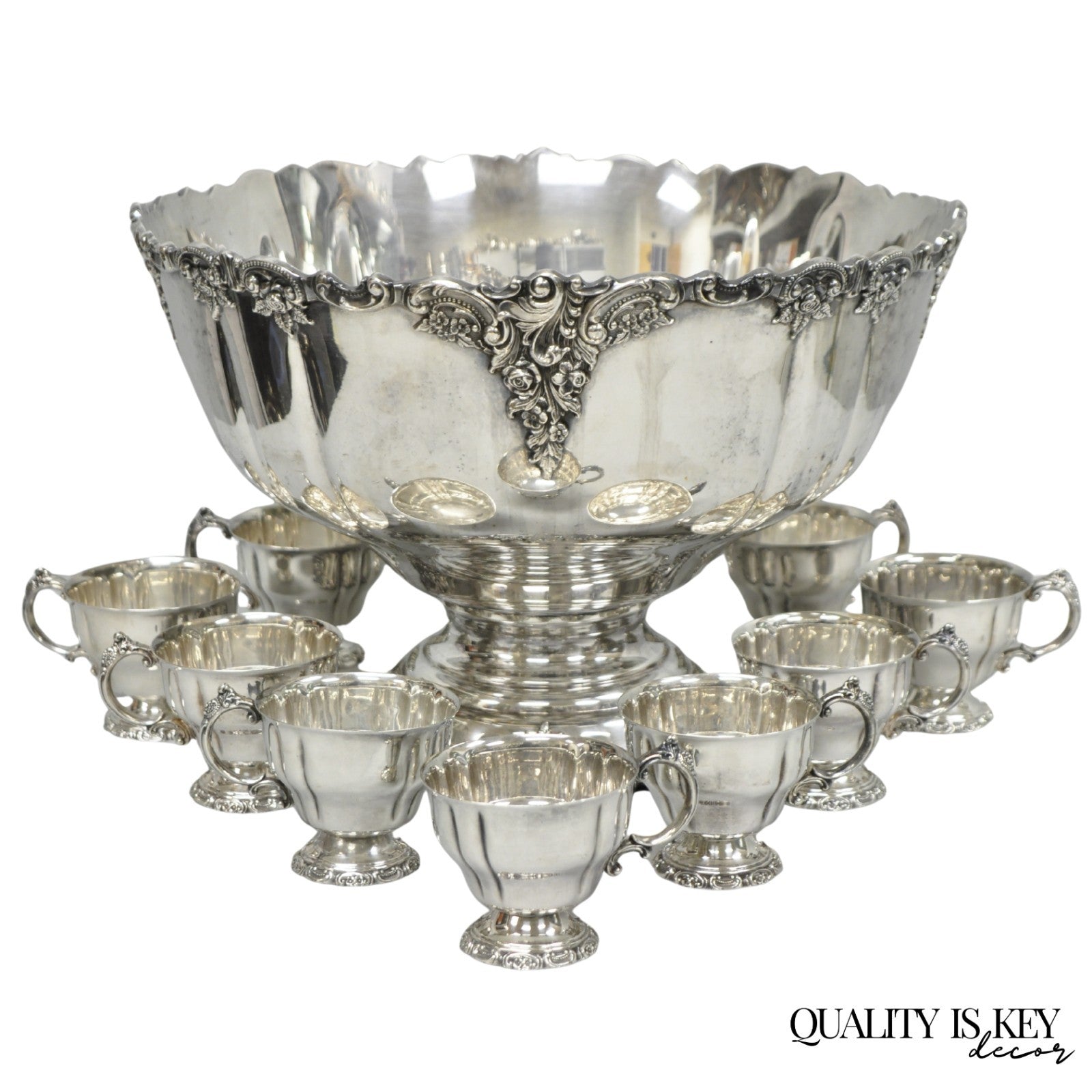 Vintage Baroque by Wallace 252 & 253 Silver Plated Punch Bowl Set w/ 10 Cups