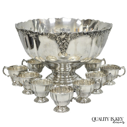 Vintage Baroque by Wallace 252 & 253 Silver Plated Punch Bowl Set w/ 10 Cups