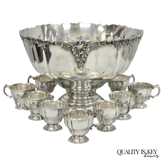Vintage Baroque by Wallace 252 & 253 Silver Plated Punch Bowl Set w/ 10 Cups