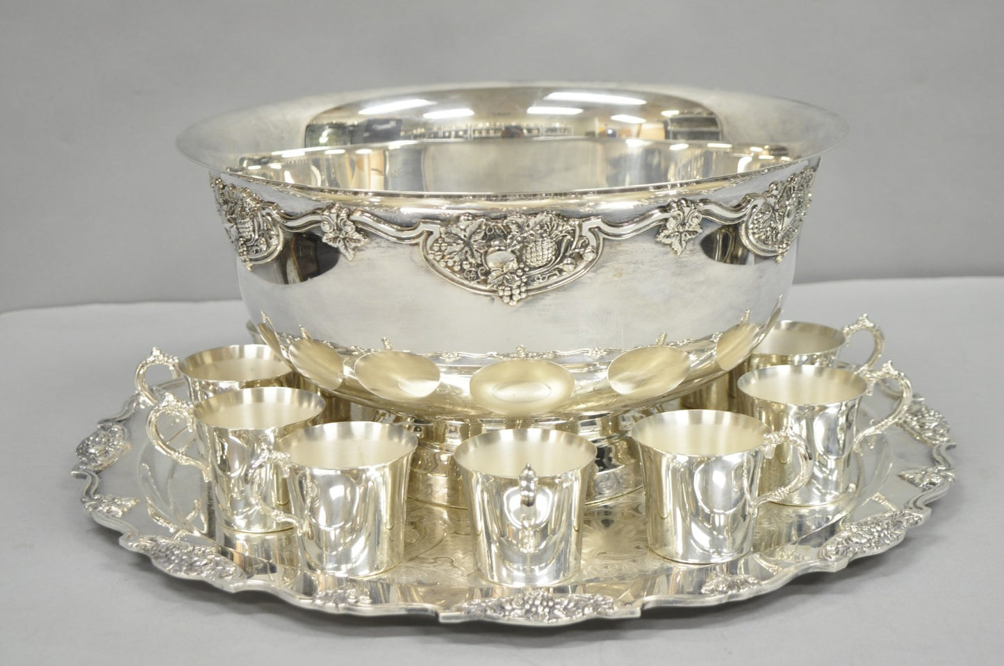 Vintage Wallace Harvest Silver Plated Grapevine Punch Bowl Set w/ 12 Cups & Tray