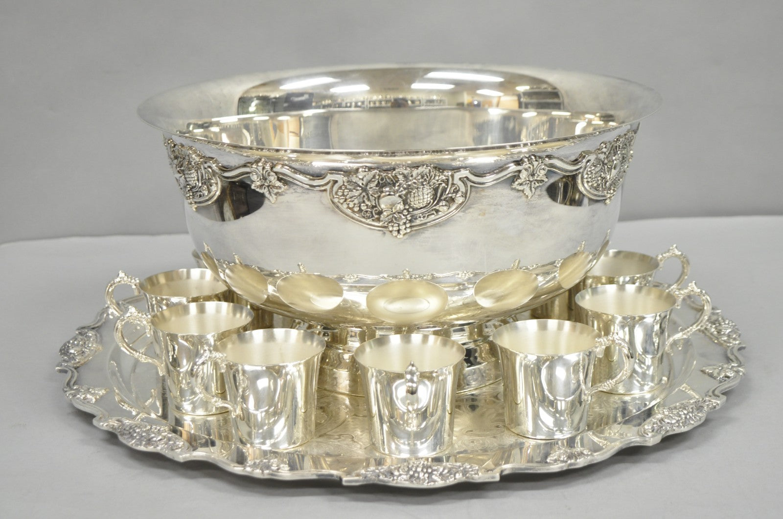 Vintage Wallace Harvest Silver Plated Grapevine Punch Bowl Set w/ 12 Cups & Tray