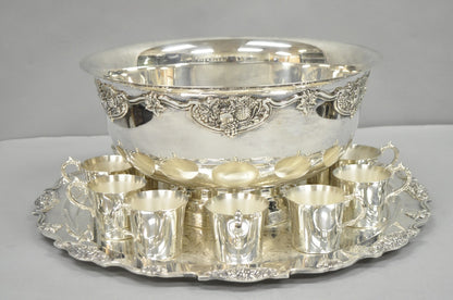 Vintage Wallace Harvest Silver Plated Grapevine Punch Bowl Set w/ 12 Cups & Tray