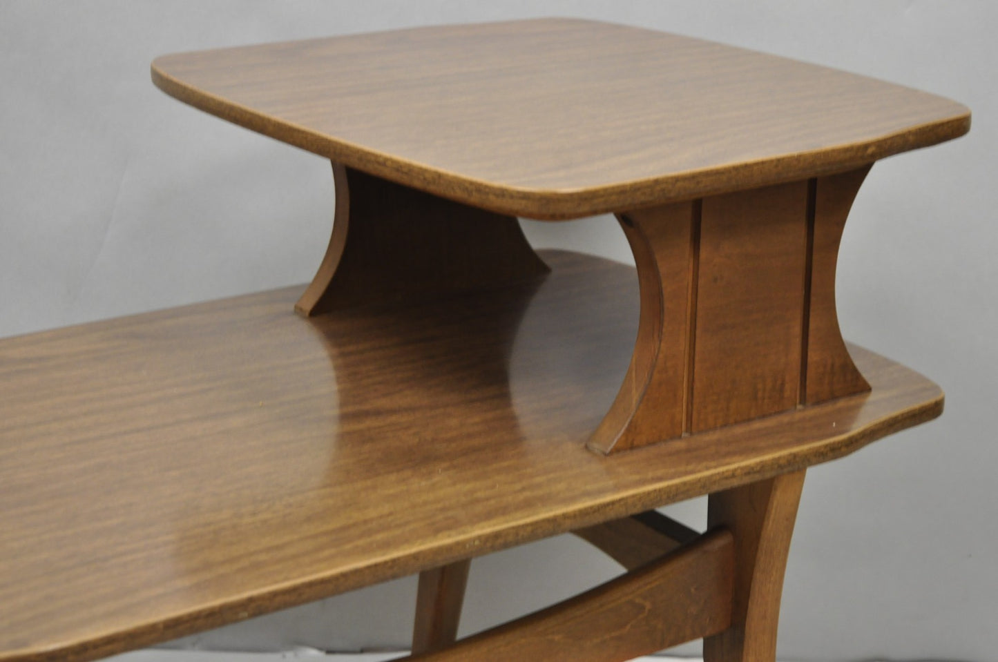 Vintage Mid Century Modern Walnut & Formica Round & Step Side Table Set - 2 pcs