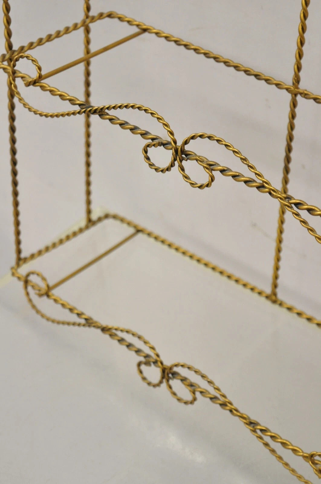 Vintage Gold Gilt Metal Hollywood Regency Scrolling Iron 3 Tier Small Wall Shelf