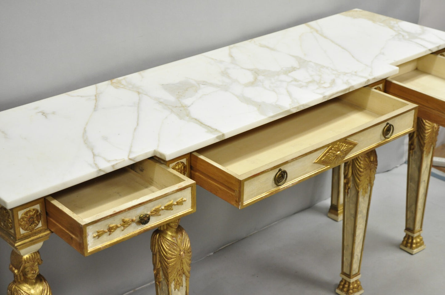 Antique Italian Neoclassical Cream & Gold Marble Top Figural Long Console Table