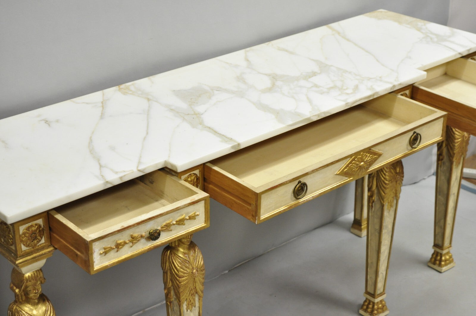 Antique Italian Neoclassical Cream & Gold Marble Top Figural Long Console Table