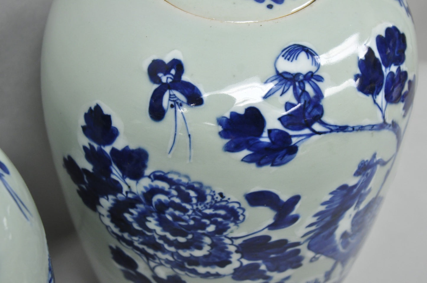 Antique Chinese Phoenix Bird Celadon Green Porcelain Covered Ginger Jar - Pair