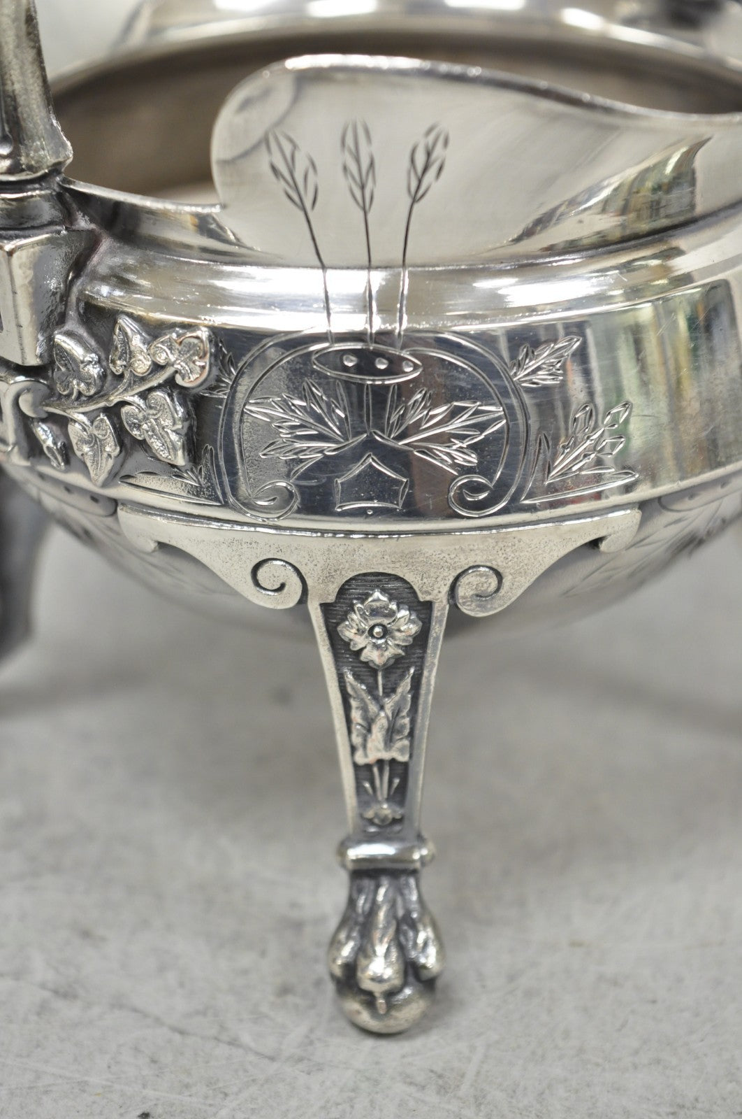 Antique John Carrow English Regency Silver Plated Paw Foot Etched Sugar Bowl